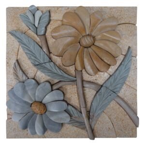 Blue and Yellow Cluster Flowers Marble Stone Mosaic Art
