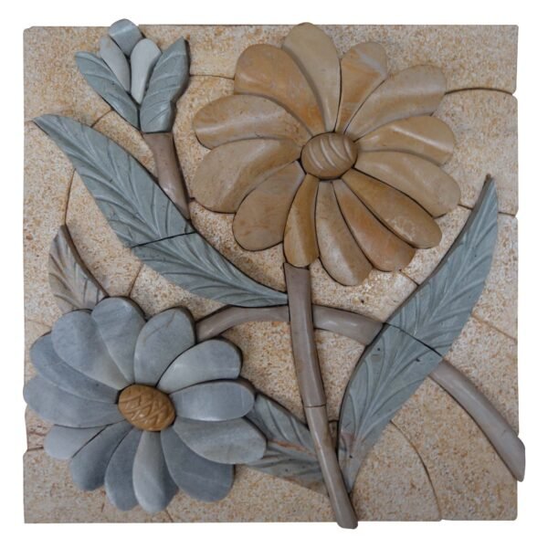 Blue and Yellow Cluster Flowers Marble Stone Mosaic Art