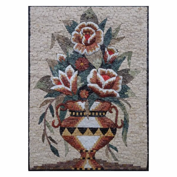 Large Multicoloured Flowers Vase Marble Stone Mosaic Art