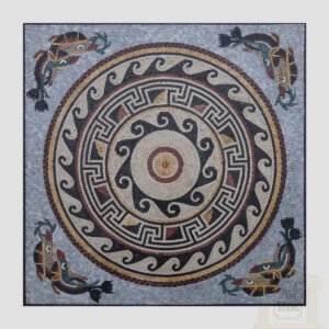 Square Moroccan Dolphin Ornamented Marble Stone Mosaic Art