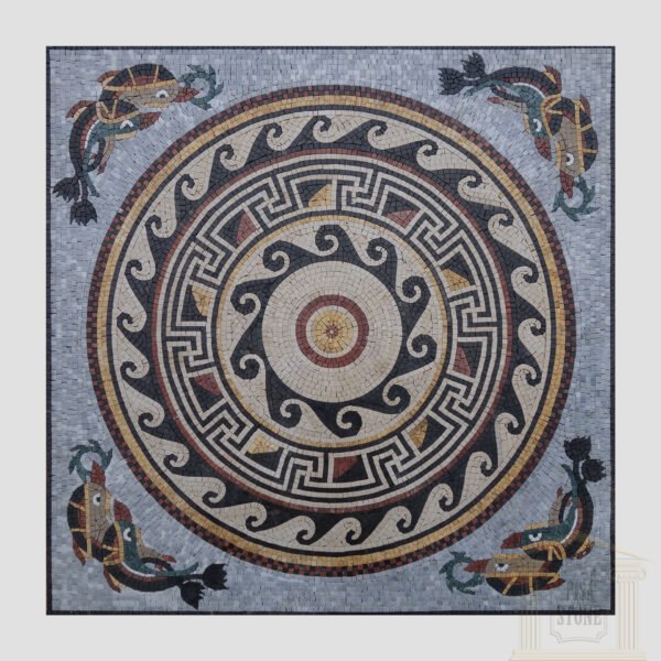 Square Moroccan Dolphin Ornamented Marble Stone Mosaic Art