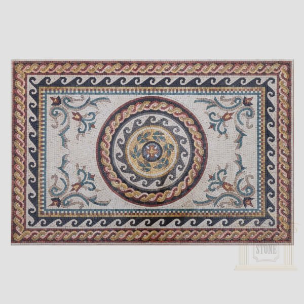 Ornamented Rectangular Rug Marble Stone Mosaic Art