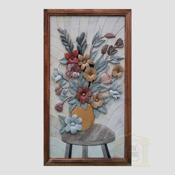 3D Left Orange Flower Pot Marble Stone Mosaic Art
