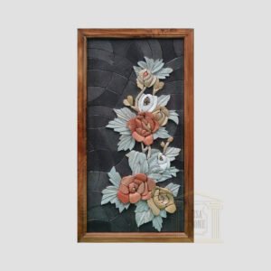 3D Left Branch of Flowers, Black background Marble Stone Mosaic Art