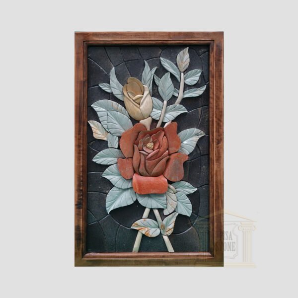 3D Rosa Damascena, Black background Marble Stone Mosaic Art