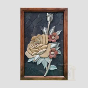 3D Large Yellow Floribunda Stone Rose, Black background Marble Stone Mosaic Art