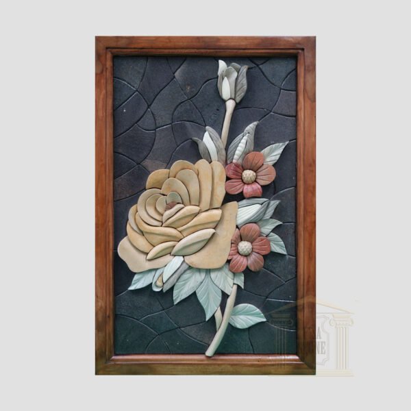 3D Large Yellow Floribunda Stone Rose, Black background Marble Stone Mosaic Art