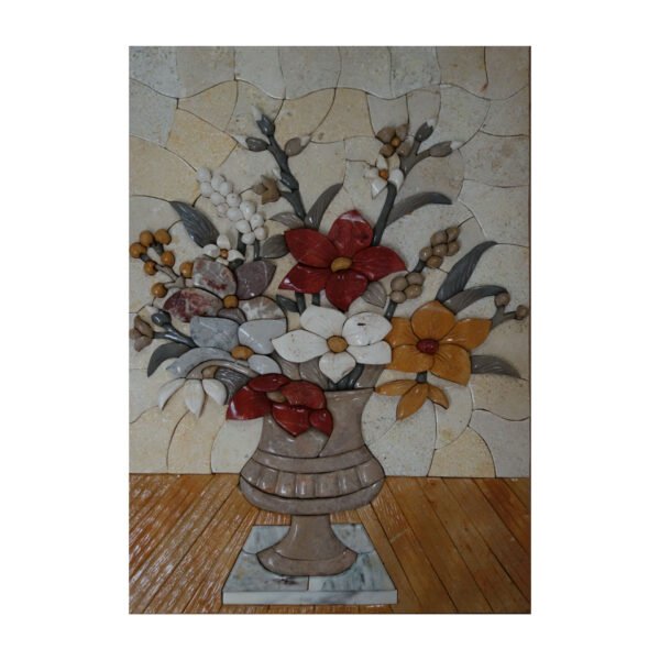 (Orange) Vase On White Mat Marble Stone Mosaic Art