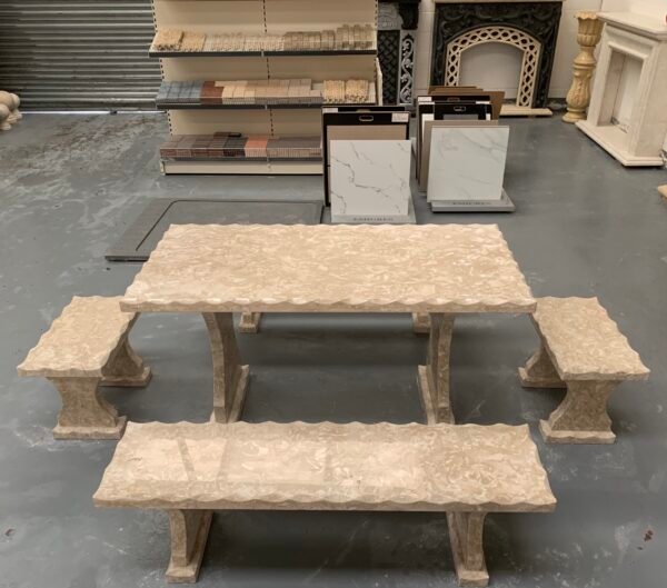 Shell Reef Beige Limestone Table and 4 Bench Set