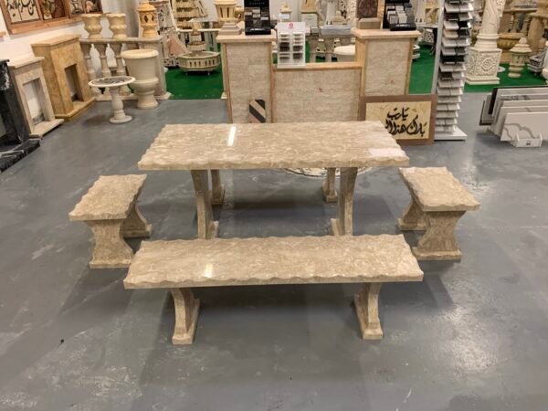 Shell Reef Beige Limestone Table and 4 Bench Set1