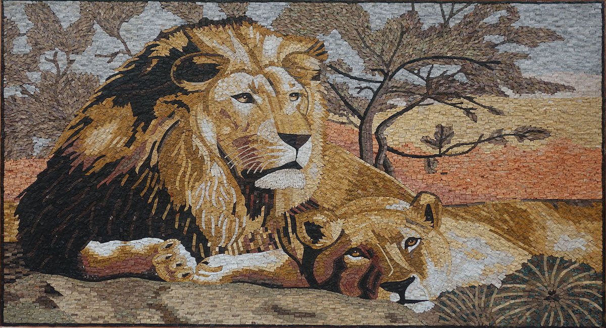 Lion and Lioness Marble Stone Mosaic Art, MA-049